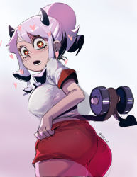 Rule 34 | 1girl, :o, alternate costume, ass, black horns, black tail, blush, breasts, demon girl, demon horns, demon tail, exercising, gym shirt, gym shorts, gym uniform, heart, heart-shaped pupils, helltaker, highres, horns, looking at viewer, modeus (helltaker), red eyes, red shorts, shirt, sho-n-d, shorts, symbol-shaped pupils, tail, thighs, twitter username, undressing, weightlifting, weights, white background, white shirt