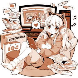 Rule 34 | 1girl, animal, animal ear headphones, animal ears, beamed eighth notes, blush, book, bookmark, box, brown theme, cardboard box, cat, cd, closed mouth, commentary request, computer, computer tower, desk, drawstring, eighth note, fake animal ears, headphones, heart, holding, holding stylus, hood, hood down, hoodie, keyboard (computer), long sleeves, loose socks, monitor, monochrome, musical note, no shoes, open book, original, pillow, puffy long sleeves, puffy sleeves, sakurazawa izumi, shorts, simple background, sitting, sleeves past wrists, smile, socks, solo, spoken heart, stylus, tablet pc, white background