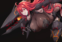 Rule 34 | 1girl, ahoge, alt3r, arm armor, armor, armored boots, ass, black armor, black background, black footwear, bodystocking, boobplate, boots, breastplate, breasts, cleavage, commentary, english commentary, goddess of victory: nikke, hair between eyes, hair intakes, huge breasts, long hair, mechanical tail, nihilister (nikke), parted lips, red eyes, red hair, rigging, see-through, see-through cleavage, sidelocks, simple background, skindentation, smile, solo, tail, torn bodystocking, torn clothes, turret