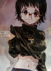 Rule 34 | 1girl, black-framed eyewear, black hair, black sweater, breasts, brown eyes, closed mouth, clothes lift, cross, cross necklace, highres, hunter x hunter, jewelry, lifting own clothes, long sleeves, looking at viewer, medium breasts, navel, necklace, over-rim eyewear, ribbed sweater, semi-rimless eyewear, shizuku murasaki, short hair, solo, spider tattoo, sweater, sweater lift, tareme, tattoo, toro3, turtleneck, turtleneck sweater