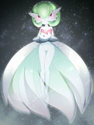 Rule 34 | 1girl, absurdres, black background, blush, bob cut, closed mouth, colored skin, creatures (company), female focus, flat chest, floating, full body, game freak, gardevoir, gen 3 pokemon, glowing, green hair, green skin, groin, hair between eyes, hands up, happy, highres, legs, legs together, looking at viewer, mega gardevoir, mega pokemon, mega stone, multicolored skin, nintendo, own hands together, pokemon, pokemon (creature), red eyes, short hair, smile, solo, sparkle, split mouth, tahita, thighs, transformation, two-tone skin, white skin