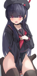 Rule 34 | 1girl, @ @, absurdres, beret, black hair, black hat, black sailor collar, black serafuku, black thighhighs, blue archive, blush, guree (haiiro), hair over eyes, halo, hand on own chest, hat, highres, inguinal groove, justice task force member (blue archive), long hair, long sleeves, looking at viewer, red halo, sailor collar, school uniform, serafuku, sitting, solo, thighhighs, wariza, white background