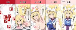Rule 34 | 1girl, absurdres, ahegao, animal ears, animal hat, blonde hair, blue tabard, blush, commentary request, fox ears, fox tail, hands in opposite sleeves, hat, heart, highres, long sleeves, mob cap, multiple tails, nude, open mouth, power item (touhou), short hair, smile, solo, speech bubble, spoken heart, sweat, tabard, tail, touhou, to~fuya, translation request, yakumo ran, yellow eyes
