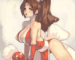Rule 34 | 1girl, all fours, back bow, bare shoulders, bow, breasts, brown eyes, brown hair, cleavage, commentary, english commentary, fatal fury, large breasts, leotard, long hair, looking at viewer, parted bangs, pelvic curtain, ponytail, red leotard, sash, shiranui mai, simple background, solo, sweat, vins-mousseux, white bow