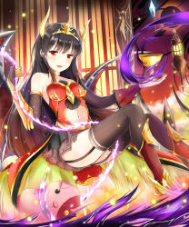 Rule 34 | 1girl, bad id, bad pixiv id, bare shoulders, black hair, chalice, cup, garter straps, hair ornament, highres, horns, long hair, original, red eyes, shingoku no valhalla gate, solo, tailam, thighhighs, very long hair, wings