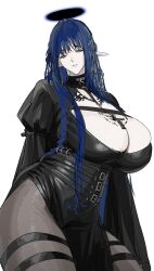 Rule 34 | 1girl, absurdres, belt, black belt, black dress, black pantyhose, blue hair, braid, breasts, cleavage, cross, cross earrings, cross necklace, dress, earrings, green eyes, half-closed eyes, halo, highres, huge breasts, jewelry, long hair, long pointy ears, looking at viewer, mole, mole under mouth, necklace, original, pantyhose, pointy ears, side braid, simple background, smile, solo, thigh strap, white background, zkstxxx