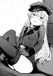 Rule 34 | 1girl, absurdres, blush, daiteikoku, gloves, greyscale, hat, highres, long hair, looking at viewer, military, military uniform, monochrome, nedokoro mitsuki, parted lips, peaked cap, retia adolf, sitting, sketch, solo, sweatdrop, thighhighs, uniform