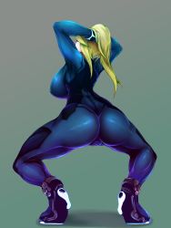 Rule 34 | 1girl, ass, bodysuit, breasts, cameltoe, covered erect nipples, from behind, highres, huge breasts, metroid, nintendo, samus aran, skin tight, solo, squatting, zero suit
