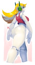 Rule 34 | 1girl, android, ass, bad id, bad pixiv id, blonde hair, bottomless, breasts, colored skin, cropped legs, curly brace, doukutsu monogatari, joints, large breasts, long hair, looking back, noill, robot ears, robot joints, smile, solo, tank top, walking, white skin