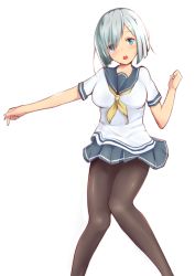 Rule 34 | 10s, 1girl, black pantyhose, blue eyes, blush, breasts, chestnut mouth, cowboy shot, gin00, hair ornament, hair over one eye, hairclip, hamakaze (kancolle), head tilt, highres, kantai collection, knees together feet apart, large breasts, looking at viewer, miniskirt, neckerchief, open mouth, outstretched arm, pantyhose, pleated skirt, school uniform, serafuku, short hair, short sleeves, silver hair, simple background, skirt, smile, solo, white background, yellow neckerchief