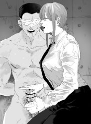 Rule 34 | 1boy, 1girl, bad id, bad twitter id, belt, black hair, black necktie, black pants, blindfold, braid, braided ponytail, breasts, business suit, chainsaw man, clothed female nude male, collarbone, covering crotch, covering privates, cum, femdom, formal, greyscale, handjob, hetero, highres, hostage, long hair, looking at another, makima (chainsaw man), medium breasts, monochrome, muscular, necktie, nude, open mouth, pants, pectorals, penis, penis grab, pubic hair, ringed eyes, screaming, shirt, shirt tucked in, short hair, shouting, suit, sweat, talking, teasing, thick thighs, thighs, white shirt