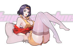 Rule 34 | 1girl, bare shoulders, bobobong, breasts, character name, cleavage, cowboy bebop, crop top, faye valentine, feet, fingernails, green eyes, hairband, highres, knees together feet apart, knees up, lips, looking at viewer, medium breasts, off shoulder, orange shorts, panties, panty peek, parted lips, pillow, purple hair, reclining, red lips, red shirt, shiny clothes, shiny legwear, shirt, short hair, short shorts, shorts, sideboob, solo, thighhighs, tied shirt, underwear, upshorts, white panties, white thighhighs