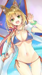 Rule 34 | 1girl, :d, absurdres, ahoge, animal ear fluff, animal ears, beach umbrella, bikini, blonde hair, blue bikini, blush, breasts, collarbone, commentary request, cosplay, fate/extra, fate/grand order, fate (series), fingernails, fox ears, gluteal fold, green eyes, groin, hair between eyes, hair intakes, hand up, heart, highres, large breasts, long hair, low twintails, navel, nero claudius (fate), nero claudius (fate) (all), nero claudius (fate/extra), open mouth, round teeth, side-tie bikini bottom, smile, solo, swimsuit, tamamo (fate), tamamo no mae (fate/extra), tamamo no mae (swimsuit lancer) (fate), tamamo no mae (swimsuit lancer) (fate) (cosplay), tamamo no mae (swimsuit lancer) (third ascension) (fate), teeth, tomozero, towel, twintails, umbrella, upper teeth only