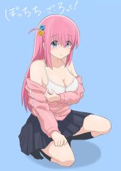 Rule 34 | 1girl, black skirt, black socks, blue background, blue eyes, blush, bocchi the rock!, bra, breasts, cleavage, collarbone, commentary request, cube hair ornament, expressionless, full body, gotoh hitori, grabbing own breast, hair ornament, hand up, highres, hirondo, jacket, large breasts, long hair, no shoes, off shoulder, on one knee, one side up, pink hair, pink jacket, pink track suit, pleated skirt, simple background, skirt, socks, solo, squatting, track jacket, translation request, underwear, white bra