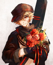 Rule 34 | 1boy, arknights, black gloves, black hat, black jacket, blood, blood on face, bouquet, cabbie hat, closed mouth, flower, gloves, grey background, hair between eyes, hat, highres, holding, holding bouquet, jacket, light brown hair, looking at viewer, male focus, oonohara kenya, open clothes, open jacket, red (npc) (arknights), red eyes, red flower, red rose, rose, shirt, simple background, smile, solo, upper body, white shirt