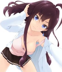 Rule 34 | 10s, 1girl, :3, ahoge, blue eyes, blush, breasts, brown hair, cleavage, downblouse, earrings, hair flip, hand in own hair, hanging breasts, ichinose shiki, idolmaster, idolmaster cinderella girls, jewelry, large breasts, leaning forward, long hair, long sleeves, looking at viewer, miniskirt, navel, no bra, off shoulder, open clothes, open shirt, pink shirt, pleated skirt, puem, shirt, simple background, skirt, solo, strap slip, tank top, underwear, white background, white shirt