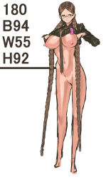 Rule 34 | 1girl, arm up, bad anatomy, bad feet, bottomless, braid, breasts, brown hair, clothes lift, condom, condom packet strip, condom wrapper, female focus, full body, glasses, glasses girl (nameo), green eyes, hair over shoulder, highres, huge nipples, large areolae, large breasts, long hair, looking at viewer, measurements, nameo (judgemasterkou), necktie, nipples, no bra, no pussy, original, parted bangs, poorly drawn, ringed eyes, semi-rimless eyewear, shirt lift, simple background, sketch, solo, twin braids, uncensored, under-rim eyewear