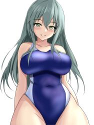 Rule 34 | 1girl, aqua eyes, aqua hair, blue one-piece swimsuit, breasts, collarbone, commentary, competition swimsuit, covered navel, cowboy shot, hair between eyes, hair ornament, hairclip, highleg, highleg swimsuit, highres, kantai collection, large breasts, long hair, looking at viewer, montemasa, one-hour drawing challenge, one-piece swimsuit, simple background, smile, solo, suzuya (kancolle), swimsuit, twitter username, two-tone swimsuit, white background