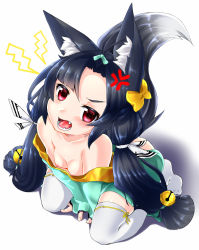 Rule 34 | 1girl, anger vein, angry, animal ears, aruto (shake onigiri), asymmetrical bangs, azur lane, bare shoulders, between legs, black hair, blush, bow, breasts, breasts out, collarbone, dress, fangs, from above, full body, hair bow, hand between legs, highres, kneeling, long hair, looking at viewer, looking up, low-tied long hair, nipples, open mouth, red eyes, simple background, small breasts, solo, tail, thighhighs, thighs, twintails, white background, white thighhighs, yuubari (azur lane)