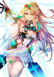 Rule 34 | 1girl, absurdres, asada sadao, bare legs, bare shoulders, blonde hair, breasts, chest jewel, cleavage cutout, clothing cutout, dress, earrings, elbow gloves, gloves, highres, jewelry, large breasts, long hair, mythra (xenoblade), short dress, swept bangs, thigh strap, tiara, very long hair, white dress, white gloves, xenoblade chronicles (series), xenoblade chronicles 2, yellow eyes