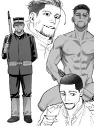 Rule 34 | 1boy, :d, abs, arm behind back, belt, collarbone, cup, facial hair, goatee, golden kamuy, greyscale, grin, gun, gun sling, hair slicked back, hat, highres, jacket, jo tuesday19, looking at viewer, looking to the side, male focus, military uniform, monochrome, multiple views, muscular, muscular male, ogata hyakunosuke, open mouth, pants, parted lips, rifle, sakazuki, shako cap, shoulder boards, smile, teeth, topless male, undercut, uniform, weapon, weapon on back