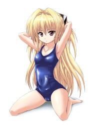 Rule 34 | 00s, 1girl, armpits, arms behind head, arms up, barefoot, blonde hair, blue one-piece swimsuit, breasts, cameltoe, cleft of venus, covered navel, full body, hair between eyes, hair intakes, hair ornament, kneeling, konjiki no yami, long hair, looking at viewer, mameshiba (pixiv 59310), one-piece swimsuit, red eyes, school swimsuit, shadow, shiny clothes, simple background, small breasts, solo, spread legs, swimsuit, to love-ru, two side up, very long hair, wet, wet hair, white background, yellow eyes