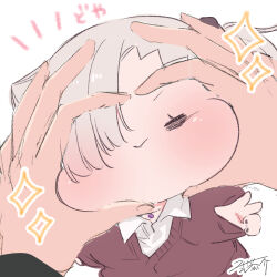 Rule 34 | 1girl, 1other, black nails, black scrunchie, blush, brown cardigan, cardigan, chibi, closed eyes, closed mouth, facing viewer, grey hair, hair ornament, hair over one eye, hair scrunchie, ishikawa luna, long sleeves, nail polish, nikki kyousuke, notice lines, original, puffy long sleeves, puffy sleeves, scrunchie, side ponytail, signature, simple background, snoot challenge, sparkle, v, white background