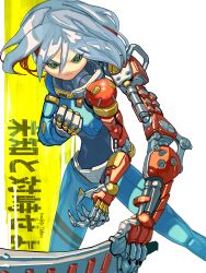 Rule 34 | 1girl, absurdres, asymmetrical arms, bodysuit, breasts, claws, clenched hand, colored inner hair, cyberpunk, cyborg, extra arms, green eyes, grey hair, highres, holding, holding weapon, joints, koutetu yarou, mechanical arms, medium hair, multicolored hair, original, red hair, robot joints, science fiction, small breasts, solo, weapon