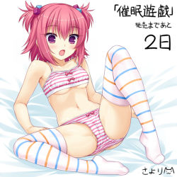 Rule 34 | 1girl, :o, artist name, bad id, bad pixiv id, bed, blush, bra, breasts, copyright name, countdown, cube hair ornament, female focus, hair ornament, hypnosis, mind control, navel, open mouth, panties, pink hair, purple eyes, ribbon, saimin yuugi, sayori (neko works), shizunai keika, short hair, short twintails, signature, sitting, solo, striped clothes, striped panties, striped thighhighs, text focus, thighhighs, translated, twintails, underwear, underwear only