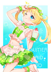 Rule 34 | 1girl, :3, aqua background, blonde hair, blouse, blue eyes, blush, bow, character name, drinking straw, english text, food, gradient background, green shirt, hair bow, highres, holding, holding drinking straw, holding spoon, kiratto pri chan, long hair, looking at viewer, moegi emo, navel, one eye closed, oshiri (o4ritarou), outside border, pretty series, shaved ice, shirt, skirt, sleeveless, sleeveless shirt, smile, solo, spoon, summer maid coord, twintails, white shirt