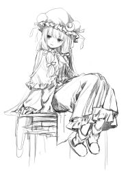 Rule 34 | 1girl, 80isiiii, absurdres, capelet, crescent, crescent hat ornament, dress, frilled skirt, frills, full body, greyscale, hair ribbon, hat, hat ornament, hat ribbon, highres, long dress, long hair, long sleeves, looking at viewer, mob cap, monochrome, patchouli knowledge, ribbon, sitting, skirt, slippers, smile, socks, solo, striped clothes, striped dress, touhou