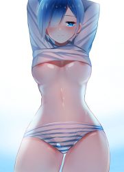 Rule 34 | 1girl, areola slip, arms behind head, artist request, blue eyes, blue hair, blush, breasts, gradient background, hair behind ear, hair over one eye, looking at viewer, looking to the side, medium breasts, navel, one eye covered, panties, re:zero kara hajimeru isekai seikatsu, rem (re:zero), russian commentary, smile, solo, striped clothes, striped panties, underboob, underwear