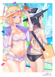Rule 34 | 2girls, 2gou, absurdres, artist name, back, beach, bikini, bikini skirt, black bikini, black eyes, black hair, black headwear, blonde hair, blue eyes, blue sky, blush, bob cut, border, breasts, brown headwear, carrying, chinese commentary, cleavage, closed mouth, cloud, cloudy sky, commentary, confetti, dated, day, eating, english commentary, facing away, food, frilled bikini, frills, from behind, hand on own chest, hat, hat ribbon, highleg, highleg bikini, highres, holding, holding food, light frown, looking at viewer, maribel hearn, medium breasts, mixed-language commentary, multiple girls, navel, outdoors, outside border, popsicle, purple bikini, ribbon, short hair, side-tie bikini bottom, signature, sky, standing, string bikini, summer, sun hat, swimsuit, swimsuit cover-up, touhou, usami renko, white border