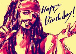 Rule 34 | 1boy, absurdres, abunaideka, arms up, beard, close-up, commentary request, facial hair, happy birthday, head scarf, highres, jack sparrow, jewelry, limited palette, long hair, looking to the side, male focus, pirates of the caribbean, ring, simple background, smile, solo, upper body, yellow background