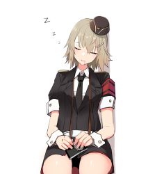 Rule 34 | 1girl, absurdres, armband, black hat, camera, closed eyes, drooling, garrison cap, girls&#039; frontline, hair ornament, hairclip, hat, highres, leaning to the side, military, military hat, military uniform, mp41 (girls&#039; frontline), open mouth, short hair, short sleeves, sitting, sleeping, sleeping upright, solo, uniform, wehrmacht, wrist cuffs, yanagui, zzz