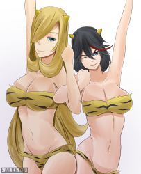 Rule 34 | 2girls, ;), animal print, arm hug, arm up, armpits, arms up, artist name, bare arms, belly, bikini, black hair, blonde hair, blue eyes, breasts, cleavage, clenched hand, clenched hands, closed mouth, collarbone, cone horns, cosplay, creatures (company), crossed arms, crossover, cynthia (pokemon), deviantart username, eyebrows, falkeart, female focus, game freak, groin, hair between eyes, hair over eyes, hair over one eye, highres, horns, kill la kill, large breasts, lips, long hair, looking at viewer, lum, lum (cosplay), matoi ryuuko, midriff, multicolored hair, multiple girls, navel, neck, nintendo, one eye closed, oni, panties, pokemon, pokemon (anime), pokemon dppt, red hair, short hair, simple background, smile, strapless, strapless bikini, swimsuit, tiger print, two-tone hair, underwear, urusei yatsura, very long hair, wink, yellow bikini