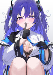 Rule 34 | 1girl, absurdres, black bra, black gloves, blue archive, blush, bra, breasts, chinese commentary, cleavage, closed mouth, feet out of frame, finger to mouth, gloves, gradient background, halo, highres, index finger raised, jacket, large breasts, long hair, long sleeves, looking at viewer, mechanical halo, purple eyes, purple hair, shirt, signature, solo, two-sided fabric, two-sided jacket, two side up, underwear, white jacket, white shirt, yamano (yamanoh), yuuka (blue archive)