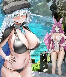 Rule 34 | 2girls, absurdres, animal ears, bare shoulders, bikini, black bikini, blue eyes, blush, breasts, cleavage, dobrynya nikitich (swimsuit lancer) (fate), dobrynya nikitich (swimsuit lancer) (first ascension) (fate), fate/grand order, fate (series), fox ears, highres, koyanskaya (fate), large breasts, long hair, looking at viewer, multiple girls, navel, obazzotto, pink hair, smile, swimsuit, tamamo (fate), thighs, white hair, yellow eyes