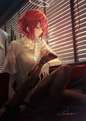 Rule 34 | 1girl, arknights, artist name, black pantyhose, window blinds, commentary request, exusiai (arknights), grey shirt, gun, halo, indoors, pantyhose, red eyes, red hair, sakusyo, shirt, short hair, short sleeves, signature, sitting, solo, weapon