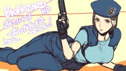 Rule 34 | 1girl, black gloves, blue eyes, blue headwear, blue pants, blue shirt, breasts, bright pupils, brown hair, copyright name, dated, fingerless gloves, gloves, gun, holding, holding gun, holding weapon, jill valentine, kotatsu (g-rough), large breasts, looking at viewer, lying, on side, pants, parted lips, resident evil, shirt, short hair, shoulder pads, signature, sketch, solo, weapon, white pupils