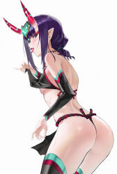Rule 34 | 1girl, absurdres, ass, back, bare shoulders, black fundoshi, black thighhighs, blush, breasts, chinese clothes, clothes lift, cowboy shot, detached sleeves, dudou, eyeliner, fate/grand order, fate (series), food, food on face, from behind, fundoshi, headpiece, highres, horns, icing, japanese clothes, lifted by self, looking at viewer, looking back, low twintails, makeup, no bra, oni, open mouth, purple eyes, purple hair, riri kuri, shirt lift, short eyebrows, short hair, shuten douji (fate), shuten douji (fate/grand order), shuten douji (halloween caster) (fate), sidelocks, simple background, skin-covered horns, small breasts, solo, standing, sweat, thighhighs, thighs, twintails, white background, wide hips