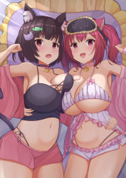 Rule 34 | 2girls, :d, animal ears, arm around waist, azur lane, bare shoulders, bell, black panties, breast press, breasts, brown hair, cat ears, cat girl, cat hair ornament, cat tail, choker, cleavage, crop top, fang, fish hair ornament, hair ornament, highres, hikimayu, i-19 (azur lane), inari jin, large breasts, lying, mask, mask on head, multiple girls, navel, neck bell, nightgown, off shoulder, on bed, open mouth, panties, red eyes, red hair, short hair, short shorts, shorts, shortstack, side-tie panties, sleep mask, smile, spaghetti strap, stomach, tail, twintails, underwear, yamashiro (azur lane)