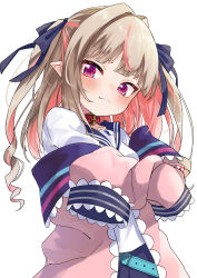 Rule 34 | 1girl, :3, absurdres, blue sailor collar, blush, collar, crossed arms, fang, grey hair, hair ribbon, highres, jacket, long hair, looking at viewer, makaino ririmu, makaino ririmu (4th costume), mamadasky, nijisanji, open clothes, open jacket, pink eyes, pink hair, pink jacket, pointy ears, red collar, ribbon, sailor collar, school uniform, serafuku, shirt, simple background, sleeves past fingers, sleeves past wrists, smile, solo, two side up, upper body, virtual youtuber, white background, white shirt