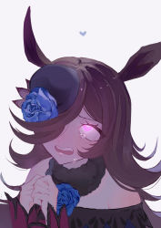 Rule 34 | 1girl, animal ears, bare shoulders, blue flower, blue rose, blush, brown hair, crying, dress, flipped hair, flower, fur collar, glowing, glowing eyes, hair over one eye, hat, heart, heart-shaped pupils, highres, horse ears, horse girl, long hair, long sleeves, looking up, mini hat, neck flower, off-shoulder dress, off shoulder, open mouth, own hands together, rice shower (umamusume), rose, sen-san, sleeves past wrists, solo, symbol-shaped pupils, umamusume
