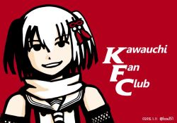 Rule 34 | 1girl, black hair, hair ornament, kantai collection, kfc, kou1, looking at viewer, md5 mismatch, parody, scarf, sendai (kancolle), short hair, simple background, sleeveless, smile, twintails, two side up