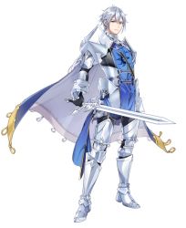 Rule 34 | 1boy, armor, black legwear, blue eyes, boots, cape, epic seven, full body, greaves, hair between eyes, holding, holding sword, holding weapon, looking at viewer, male focus, official art, ponytail, silver hair, solo, standing, sword, transparent background, tywin (epic seven), weapon, white cape