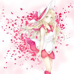 Rule 34 | 1girl, :o, adapted costume, blonde hair, braid, breasts, collarbone, collared dress, commentary, creatures (company), dress, falling petals, game freak, green eyes, hat, highres, lillie (pokemon), long hair, looking at viewer, nintendo, petals, pokemon, pokemon sm, red dress, rose petals, sleeveless, sleeveless dress, small breasts, solo, standing, sun hat, sundress, twin braids, two-tone dress, white dress, white hat, yomogi (black-elf)
