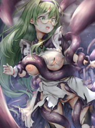 Rule 34 | 1girl, black dress, blush, breasts, dress, green eyes, green hair, highres, karin (princess connect!), large breasts, long hair, long sleeves, motion blur, nipples, open mouth, princess connect!, restrained, sugiyuu, tentacles, torn clothes, torn dress, torn legwear, torn sleeves