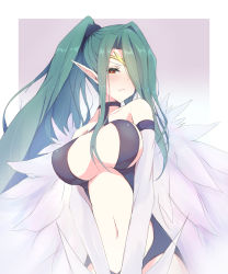 Rule 34 | 1girl, bare shoulders, breasts, brown eyes, circlet, cleavage, commentary, cowboy shot, duel monster, feathered wings, feathers, green hair, hair over one eye, harpie queen, harpy, highres, large breasts, long hair, monster girl, mosui (kori can), navel, pointy ears, ponytail, revealing clothes, solo, stomach, winged arms, wings, yu-gi-oh!