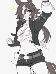 Rule 34 | 1girl, :d, arm up, belt, black jacket, black shorts, breasts, brown eyes, brown hair, cleavage, crop top, hair over one eye, hide oo, highres, jacket, looking at viewer, medium breasts, midriff, open mouth, ponytail, shirt, shorts, simple background, small breasts, smile, solo, stopwatch, stopwatch around neck, umamusume, vodka (umamusume), white background, white shirt